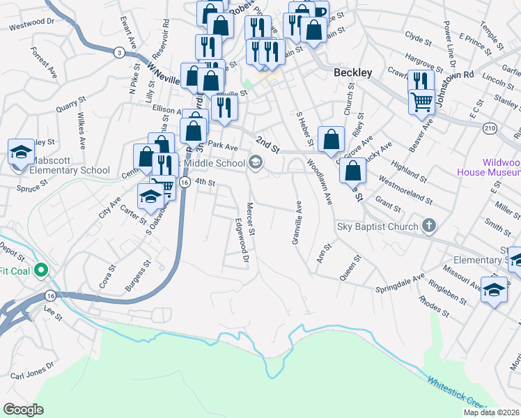 map of restaurants, bars, coffee shops, grocery stores, and more near 204 College Avenue in Beckley