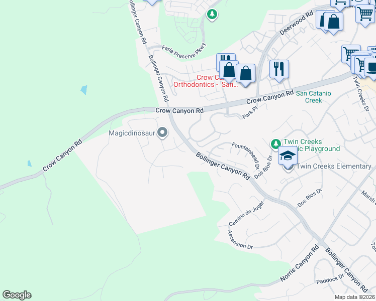 map of restaurants, bars, coffee shops, grocery stores, and more near 25 Cobblestone Court in San Ramon