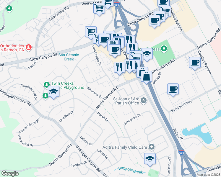 map of restaurants, bars, coffee shops, grocery stores, and more near 2599 Twin Creeks Drive in San Ramon