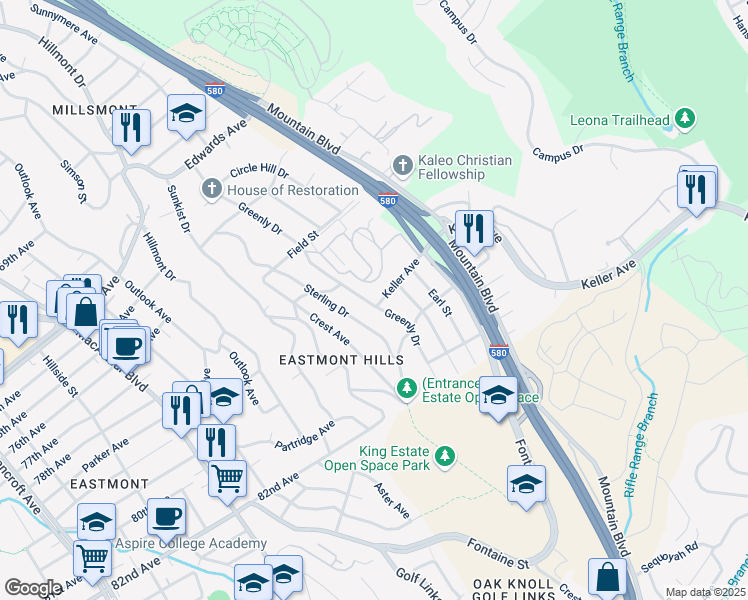 map of restaurants, bars, coffee shops, grocery stores, and more near 3722 Keller Avenue in Oakland