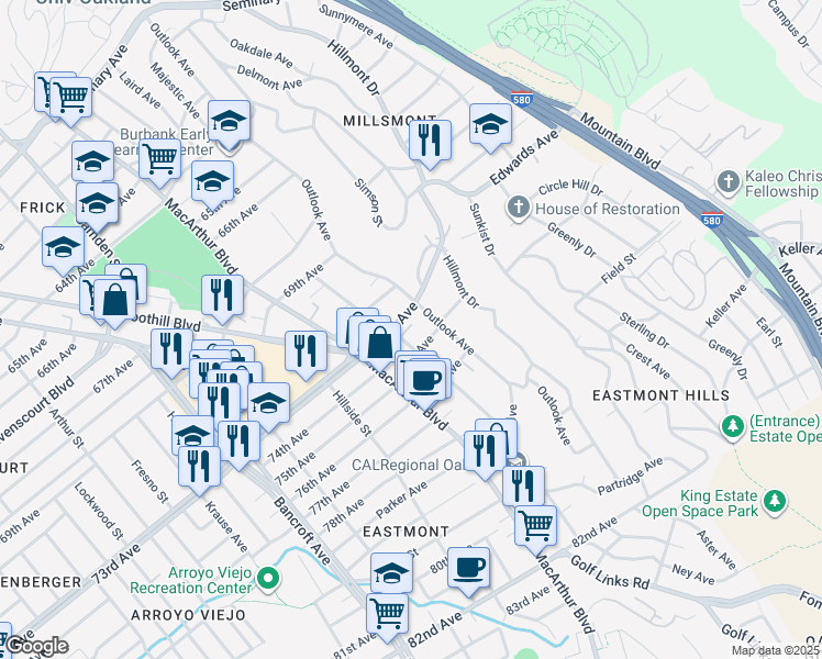 map of restaurants, bars, coffee shops, grocery stores, and more near 2914 73rd Avenue in Oakland