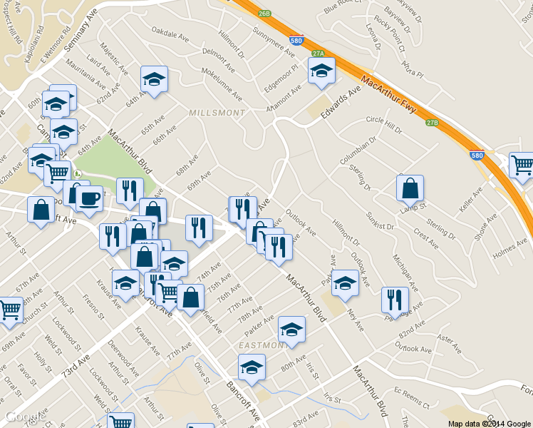 map of restaurants, bars, coffee shops, grocery stores, and more near 2914 73rd Avenue in Oakland