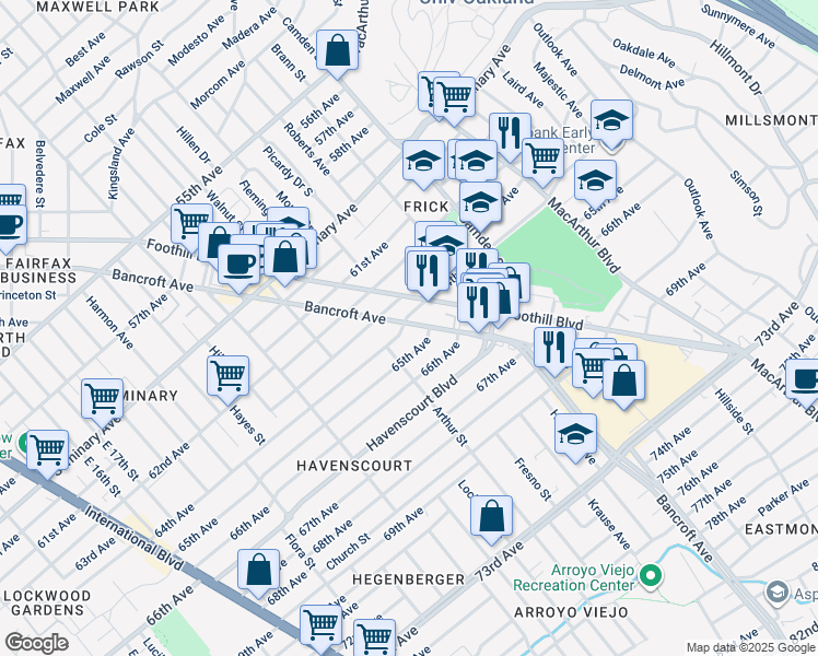 map of restaurants, bars, coffee shops, grocery stores, and more near 2641 64th Avenue in Oakland