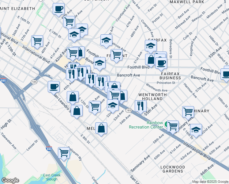 map of restaurants, bars, coffee shops, grocery stores, and more near 1428 50th Avenue in Oakland