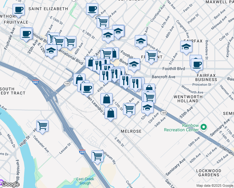 map of restaurants, bars, coffee shops, grocery stores, and more near 4636 East 12th Street in Oakland