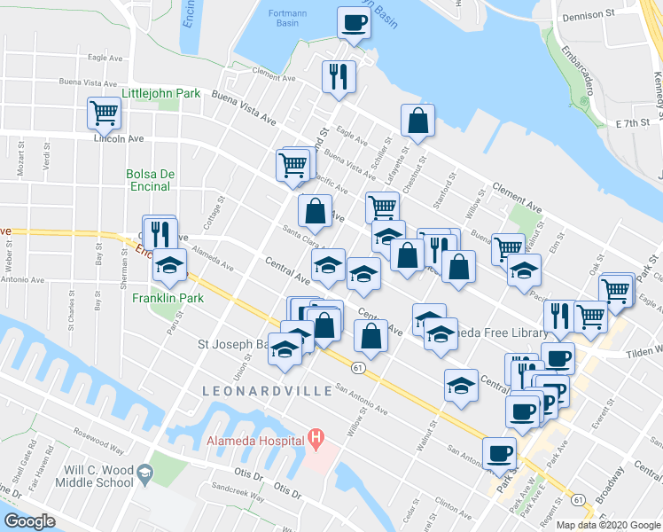 map of restaurants, bars, coffee shops, grocery stores, and more near in Alameda
