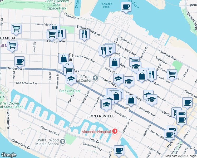 map of restaurants, bars, coffee shops, grocery stores, and more near 1315 Grand Street in Alameda