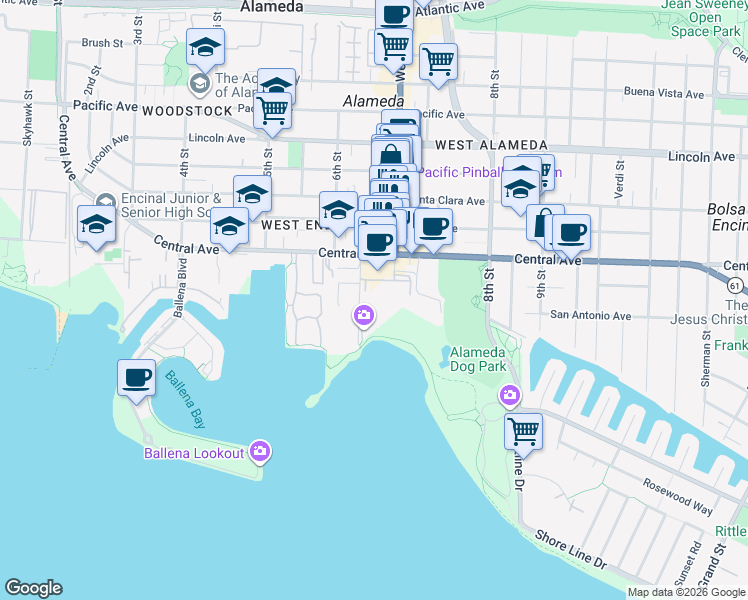 map of restaurants, bars, coffee shops, grocery stores, and more near 677 West Ranger Ave in Alameda