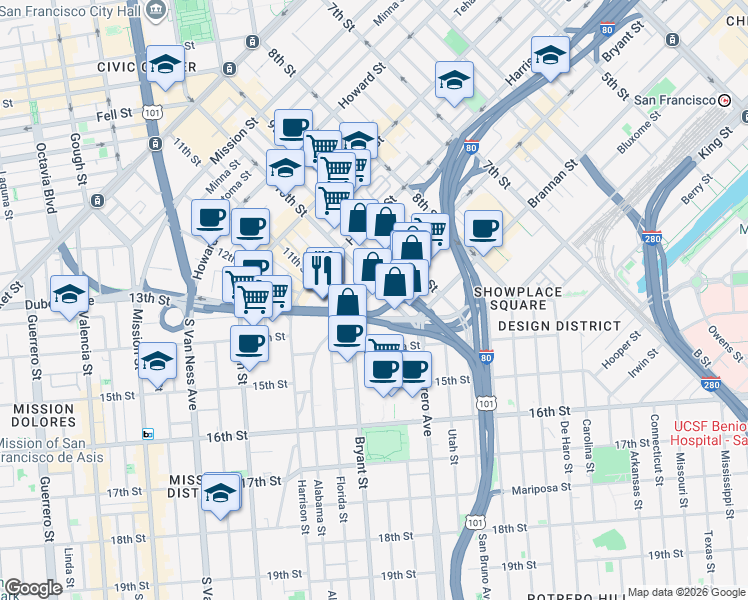 map of restaurants, bars, coffee shops, grocery stores, and more near in San Francisco