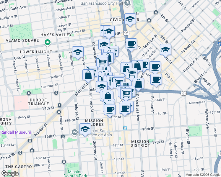 map of restaurants, bars, coffee shops, grocery stores, and more near 31 Duboce Avenue in San Francisco