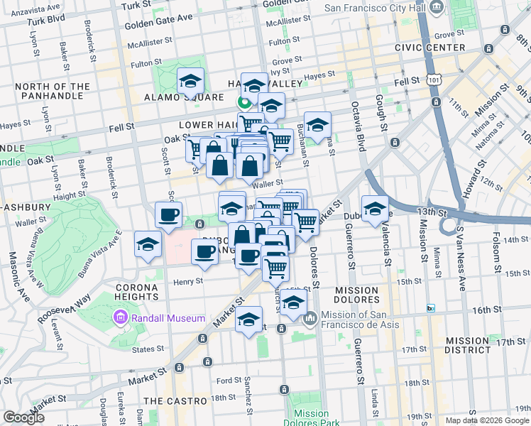 map of restaurants, bars, coffee shops, grocery stores, and more near in San Francisco