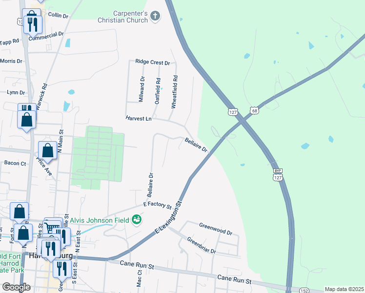 map of restaurants, bars, coffee shops, grocery stores, and more near 521-599 Bellaire Drive in Harrodsburg