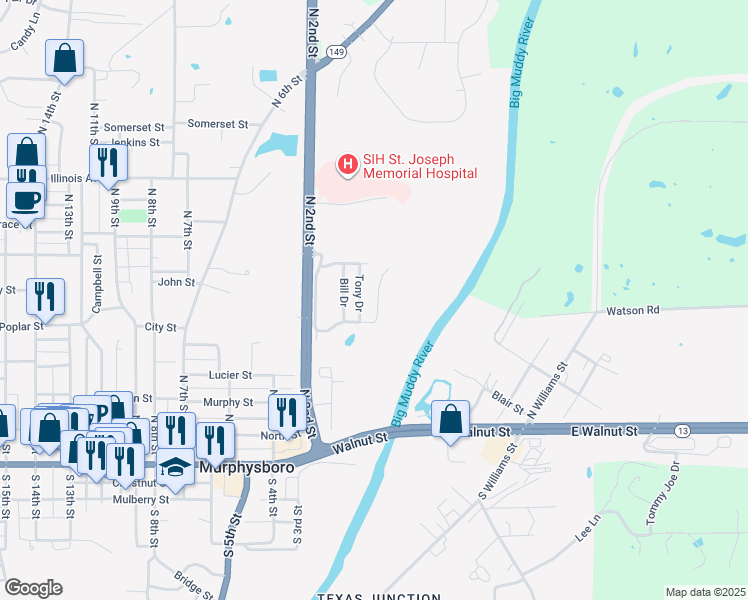 map of restaurants, bars, coffee shops, grocery stores, and more near Stephen Drive in Murphysboro