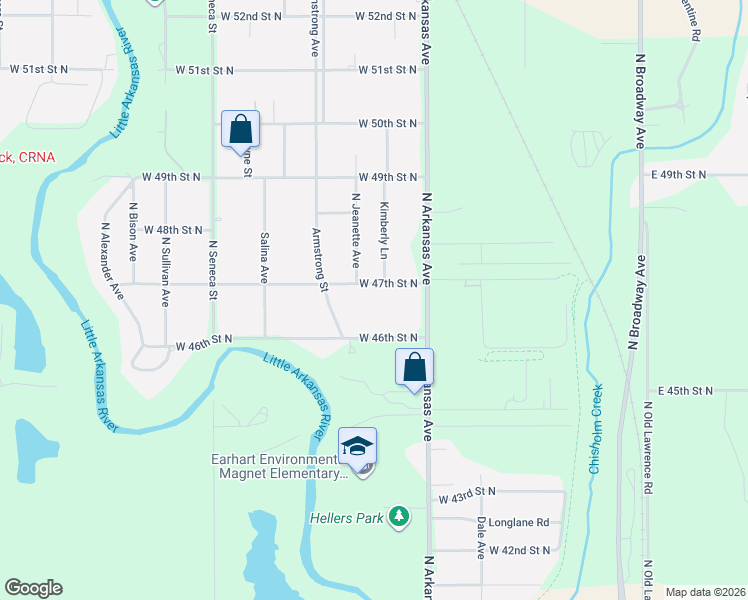 map of restaurants, bars, coffee shops, grocery stores, and more near 749 West 47th Street North in Wichita