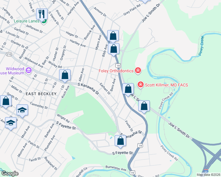 map of restaurants, bars, coffee shops, grocery stores, and more near 107 Bero Avenue in Beckley