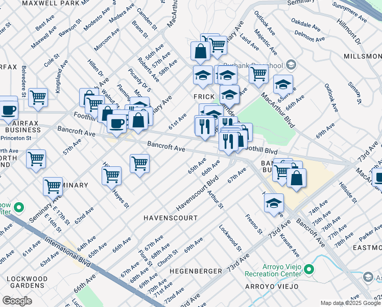 map of restaurants, bars, coffee shops, grocery stores, and more near 2641 64th Avenue in Oakland