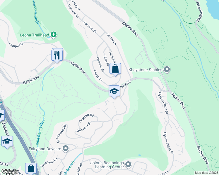 map of restaurants, bars, coffee shops, grocery stores, and more near 8177 Coach Drive in Oakland
