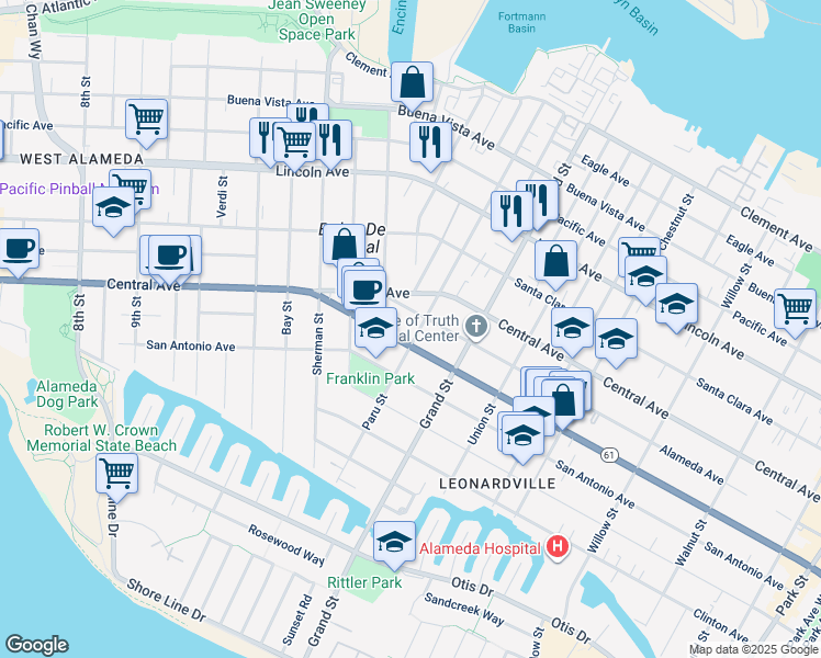 map of restaurants, bars, coffee shops, grocery stores, and more near 1211 Paru Street in Alameda