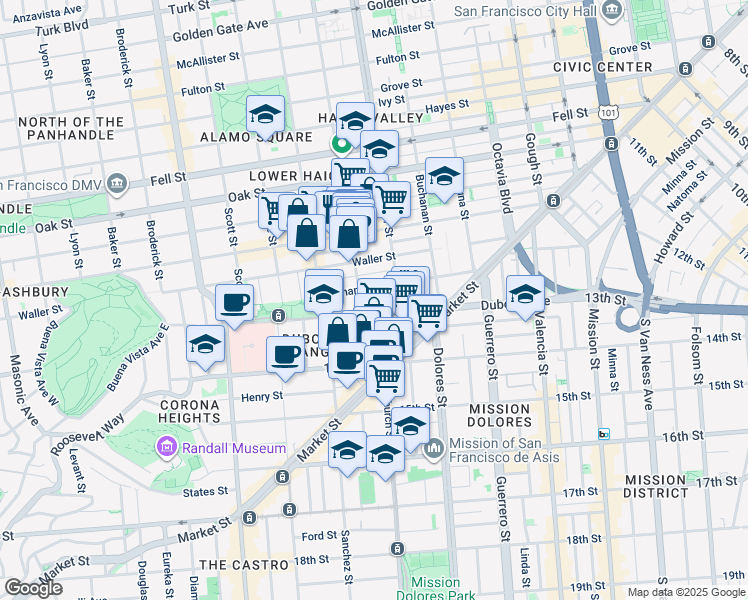 map of restaurants, bars, coffee shops, grocery stores, and more near 26 Church Street in San Francisco