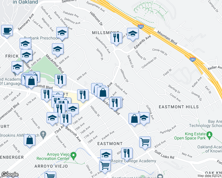 map of restaurants, bars, coffee shops, grocery stores, and more near 7318 Ney Avenue in Oakland