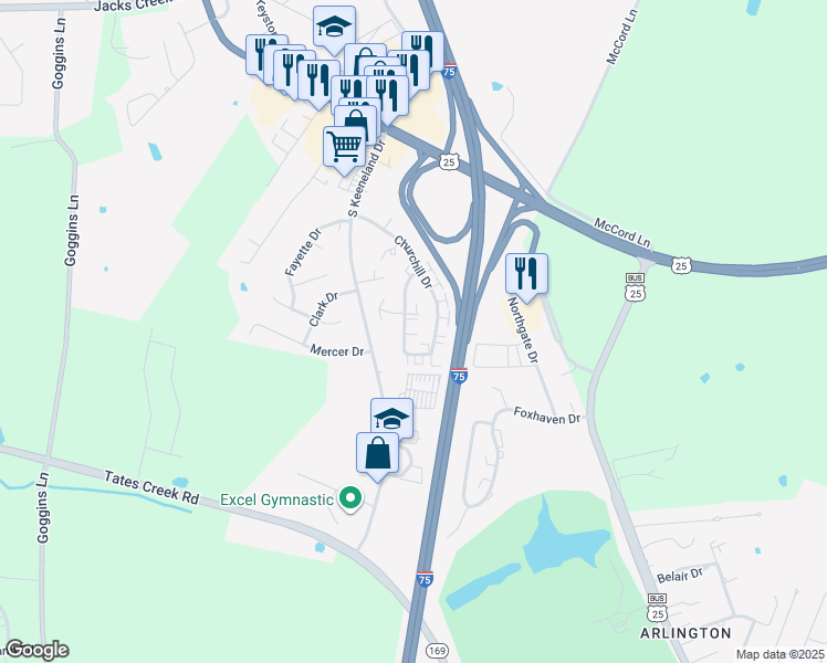 map of restaurants, bars, coffee shops, grocery stores, and more near 235 Claiborne Drive in Richmond