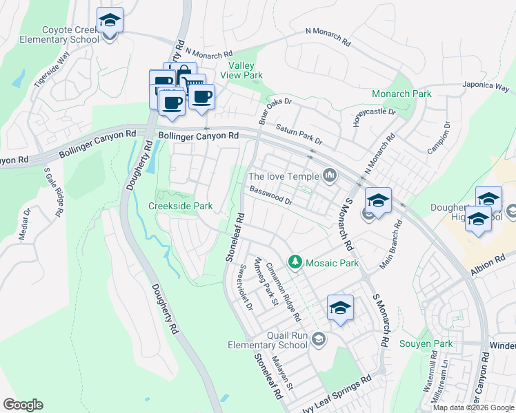 map of restaurants, bars, coffee shops, grocery stores, and more near 136 Dahlia Court in San Ramon