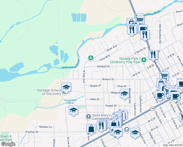 map of restaurants, bars, coffee shops, grocery stores, and more near 524 Oakridge Drive in Oakdale