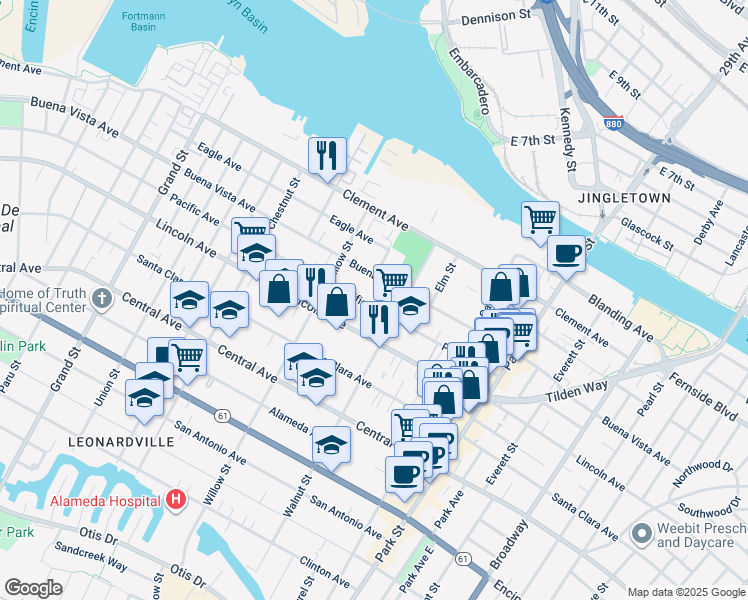 map of restaurants, bars, coffee shops, grocery stores, and more near 2145 Pacific Avenue in Alameda