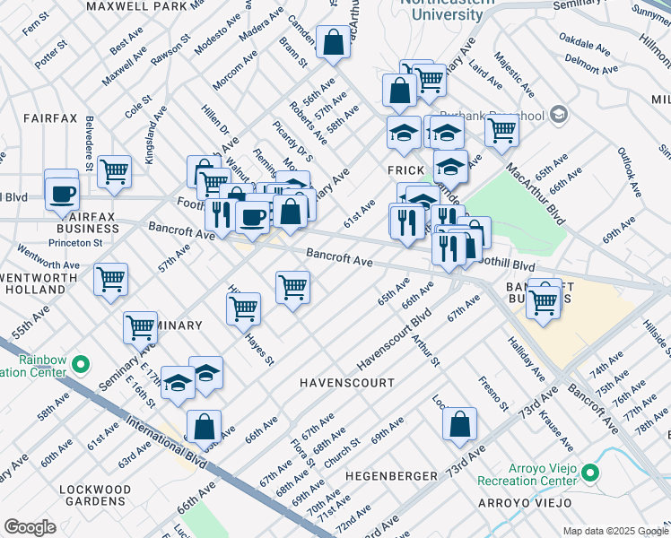 map of restaurants, bars, coffee shops, grocery stores, and more near 2586 62nd Avenue in Oakland