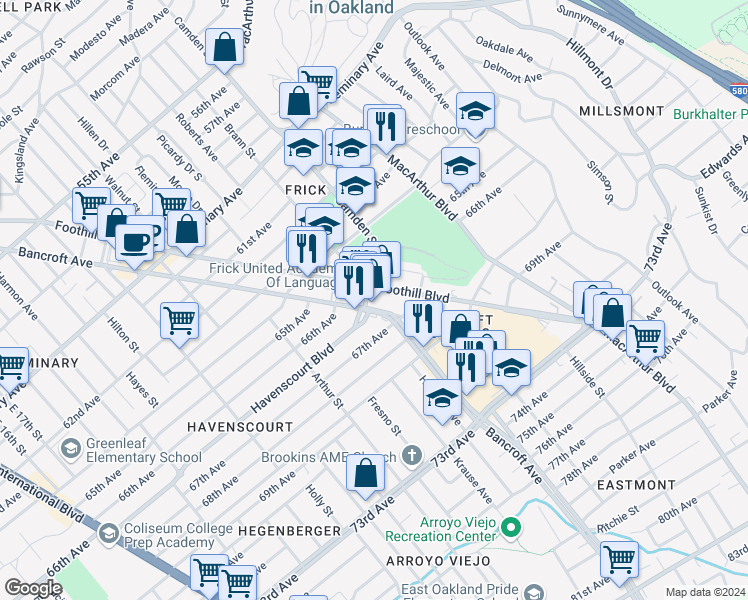 map of restaurants, bars, coffee shops, grocery stores, and more near 2814 Havenscourt Boulevard in Oakland