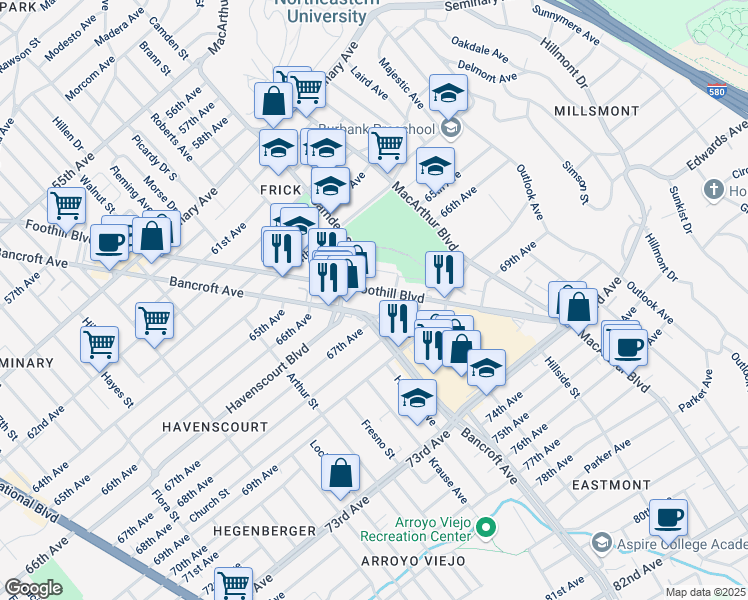 map of restaurants, bars, coffee shops, grocery stores, and more near 6633 Foothill Boulevard in Oakland