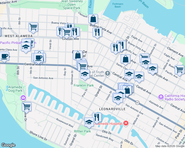 map of restaurants, bars, coffee shops, grocery stores, and more near 1211 Paru Street in Alameda