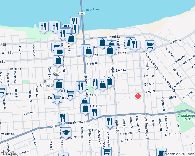 map of restaurants, bars, coffee shops, grocery stores, and more near 630 Clay Street in Owensboro