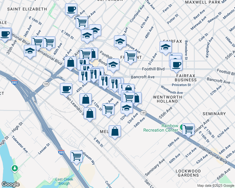 map of restaurants, bars, coffee shops, grocery stores, and more near 4800 International Boulevard in Oakland
