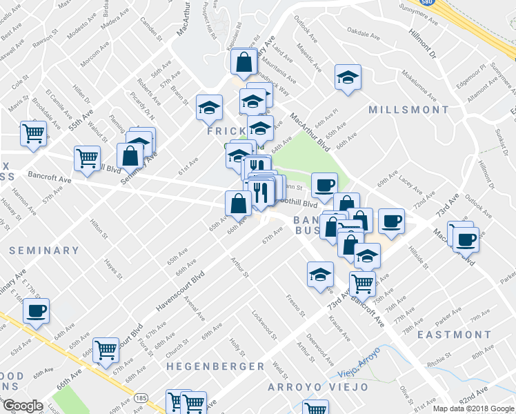 map of restaurants, bars, coffee shops, grocery stores, and more near 6626 Bancroft Avenue in Oakland