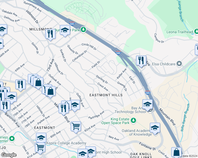 map of restaurants, bars, coffee shops, grocery stores, and more near 7807 Sterling Drive in Oakland