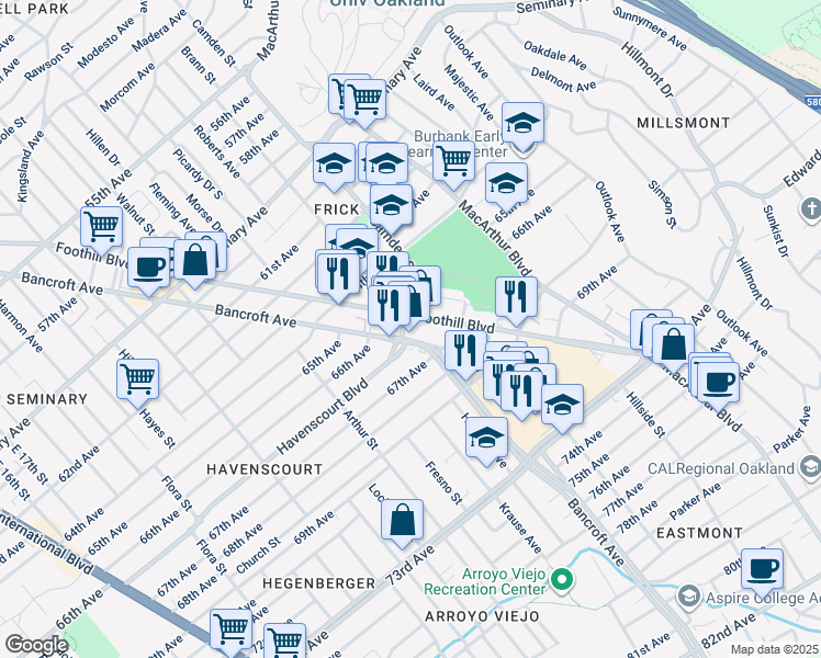 map of restaurants, bars, coffee shops, grocery stores, and more near 2814 Havenscourt Boulevard in Oakland