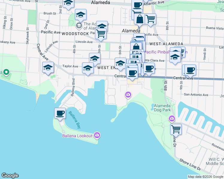 map of restaurants, bars, coffee shops, grocery stores, and more near 568 Queen's Road in Alameda