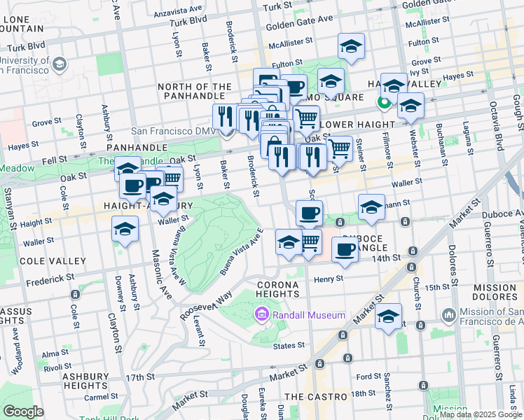 map of restaurants, bars, coffee shops, grocery stores, and more near 101 Buena Vista Avenue East in San Francisco