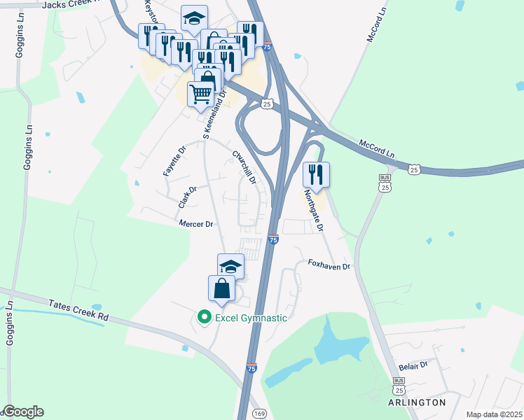 map of restaurants, bars, coffee shops, grocery stores, and more near 329 Churchill Drive in Richmond