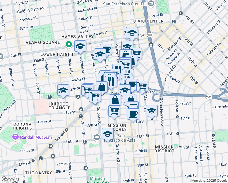 map of restaurants, bars, coffee shops, grocery stores, and more near 65 Guerrero Street in San Francisco