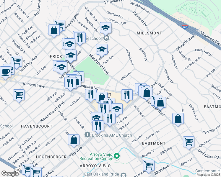 map of restaurants, bars, coffee shops, grocery stores, and more near 6868 Foothill Boulevard in Oakland