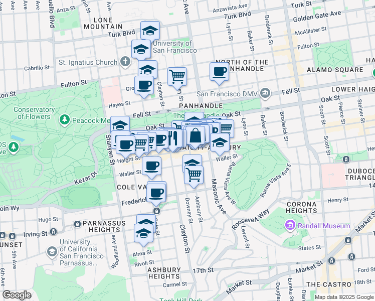 map of restaurants, bars, coffee shops, grocery stores, and more near 1465 Haight Street in San Francisco