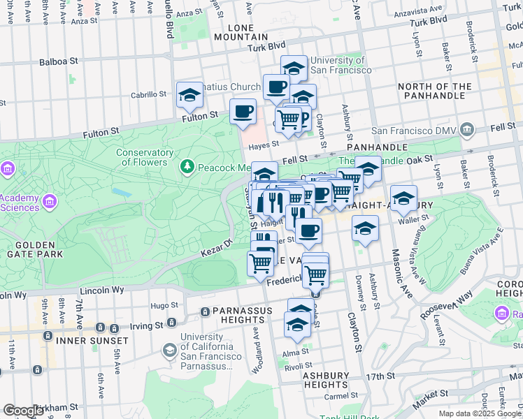 map of restaurants, bars, coffee shops, grocery stores, and more near 1921 Page Street in San Francisco