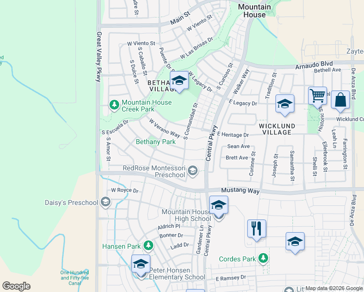 map of restaurants, bars, coffee shops, grocery stores, and more near 689 Comunidad Street in Mountain House