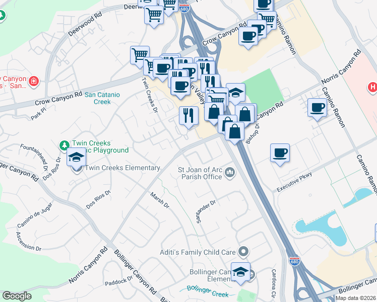 map of restaurants, bars, coffee shops, grocery stores, and more near in San Ramon