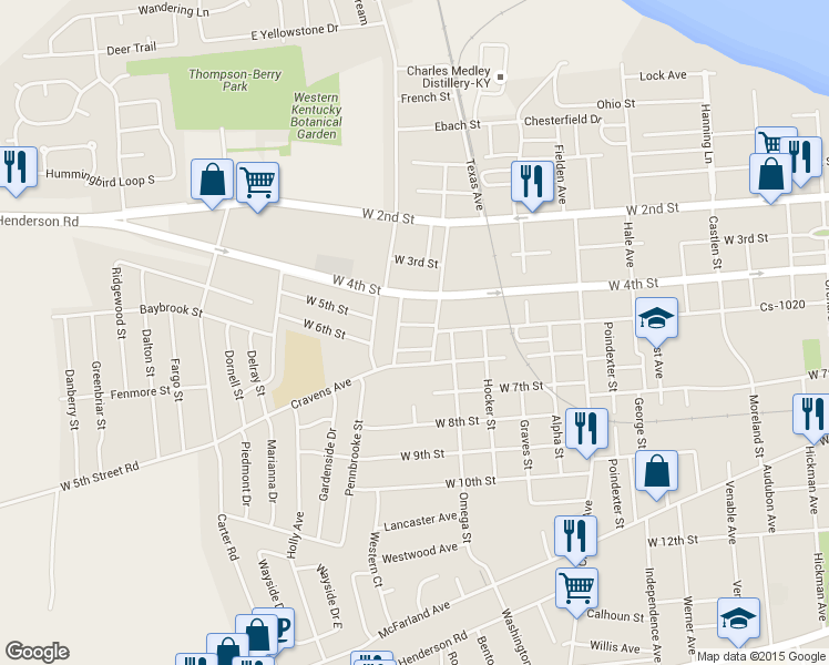 map of restaurants, bars, coffee shops, grocery stores, and more near 2542 W 5th St in Owensboro