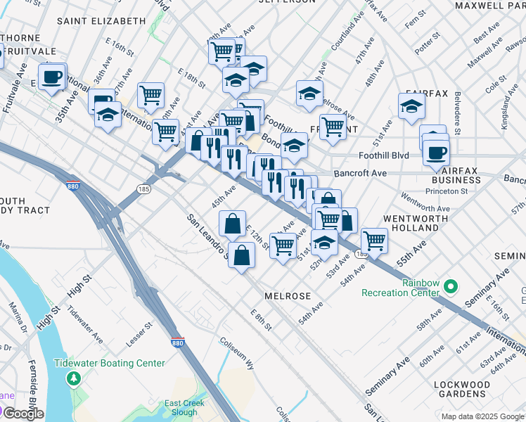 map of restaurants, bars, coffee shops, grocery stores, and more near in Oakland