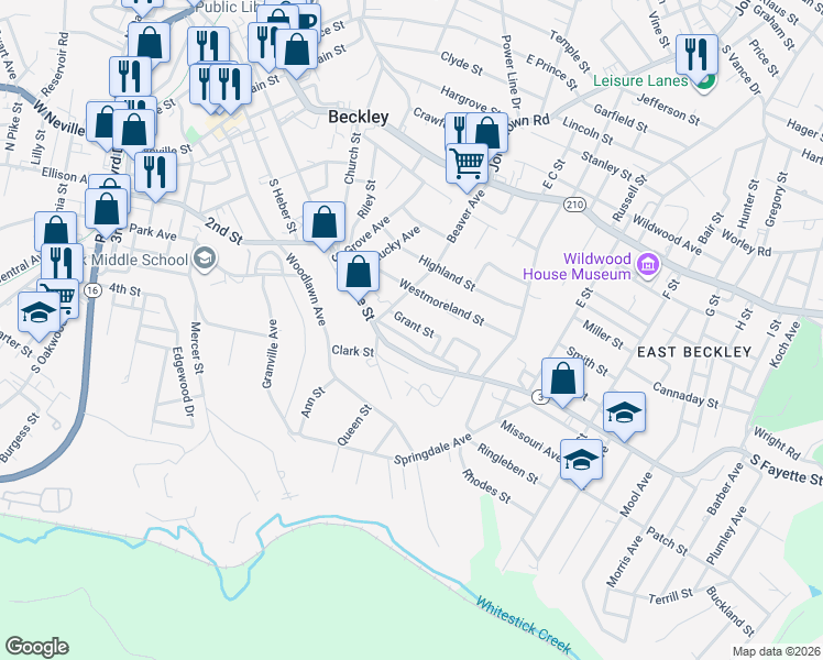 map of restaurants, bars, coffee shops, grocery stores, and more near 112 Grant St in Beckley
