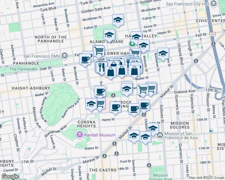 map of restaurants, bars, coffee shops, grocery stores, and more near 55 Pierce Street in San Francisco